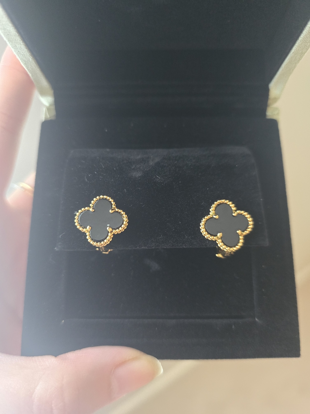 Gold Clover Stud Earrings with Black Inlay